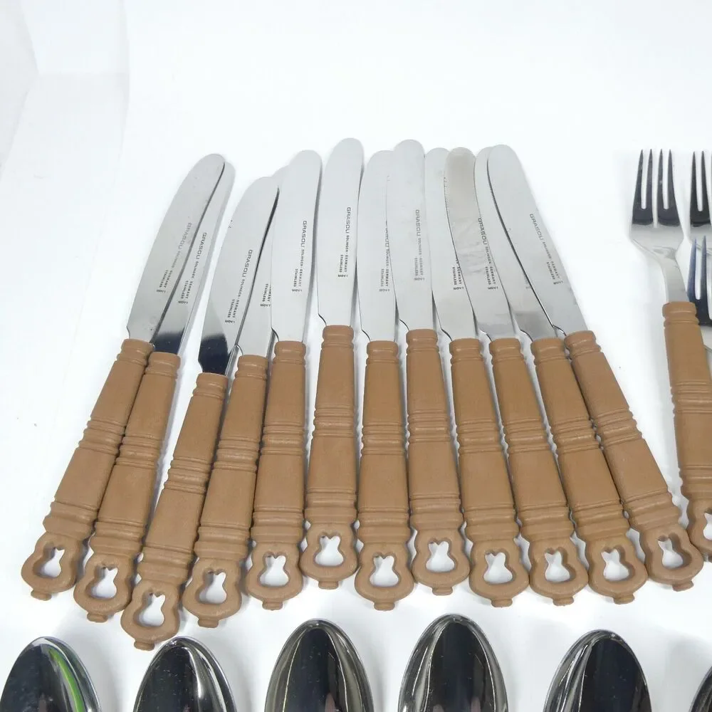 Grasoli Rustikal Germany Flatware Set 48pc Service for 12 MCM Faux Wood Handles